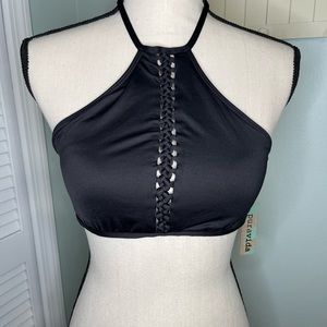 Pura Vida Black braided high neck tassel tie bathing suit top